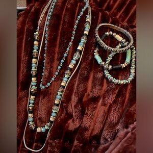 Silver Turquoise Blue Boho Beaded Layered Statement Necklace Bracelet Stack Set